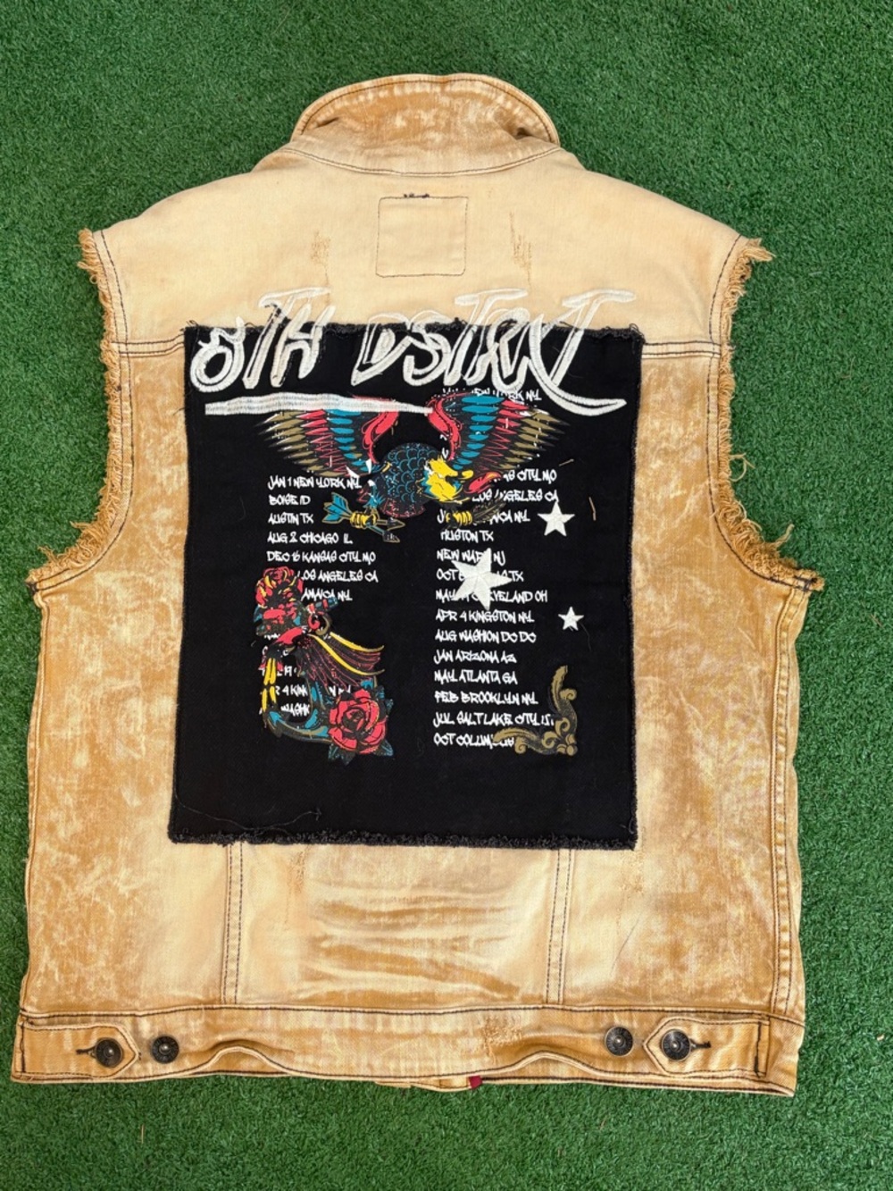 Sleeveless Distressed Denim Vest with Rose Graphic - Tan - Picture 4 of 5